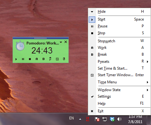 Timer's window with Tray Icon and Context Menu